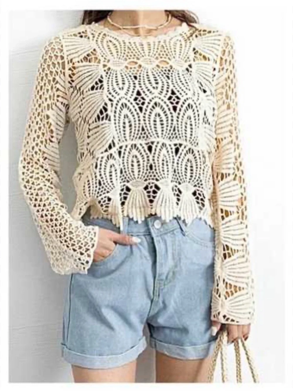 Rebellion Crochet Fringe Long-Sleeve Crop Top in Cream - Picture 4 of 8